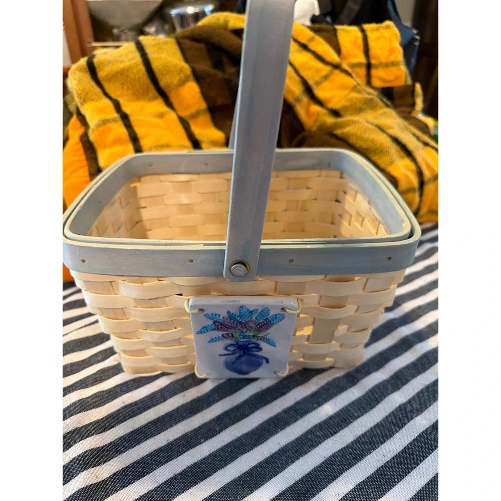 Vintage Style Woven Wood Basket with Blue Floral Ceramic Tile and Handle